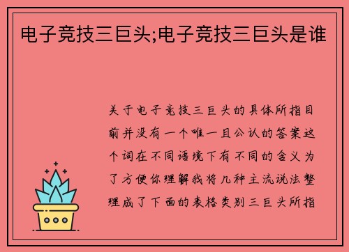 电子竞技三巨头;电子竞技三巨头是谁